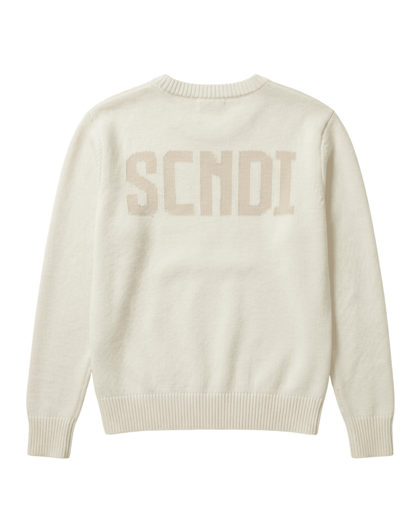 Ivory knit sweater with a minimalist Scandinavian design by SCNDI