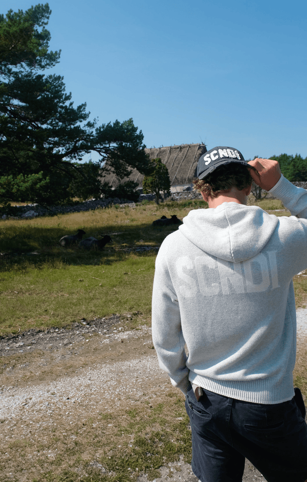 Grey Merino Wool knitted hoodie, contrasting off-white logo and hems, exclusive, unique