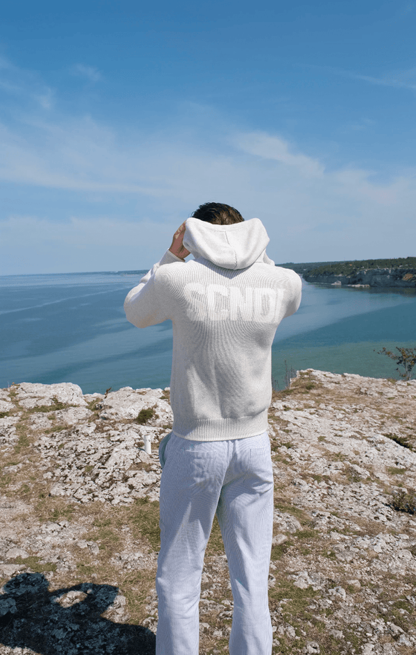 Grey Merino Wool knitted hoodie, contrasting off-white logo and hems, exclusive, unique