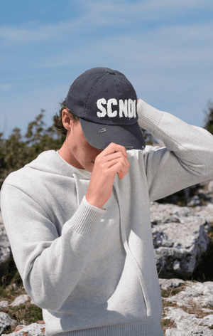 Grey Merino Wool knitted hoodie, contrasting off-white logo and hems, exclusive, unique