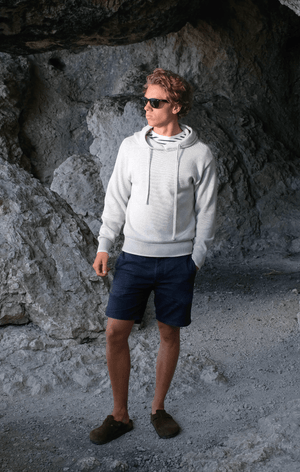 Grey Merino Wool knitted hoodie, contrasting off-white logo and hems, exclusive, unique