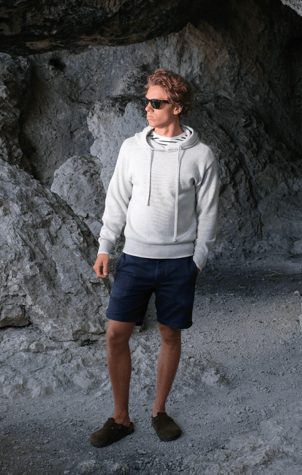 Grey Merino Wool knitted hoodie, contrasting off-white logo and hems, exclusive, unique