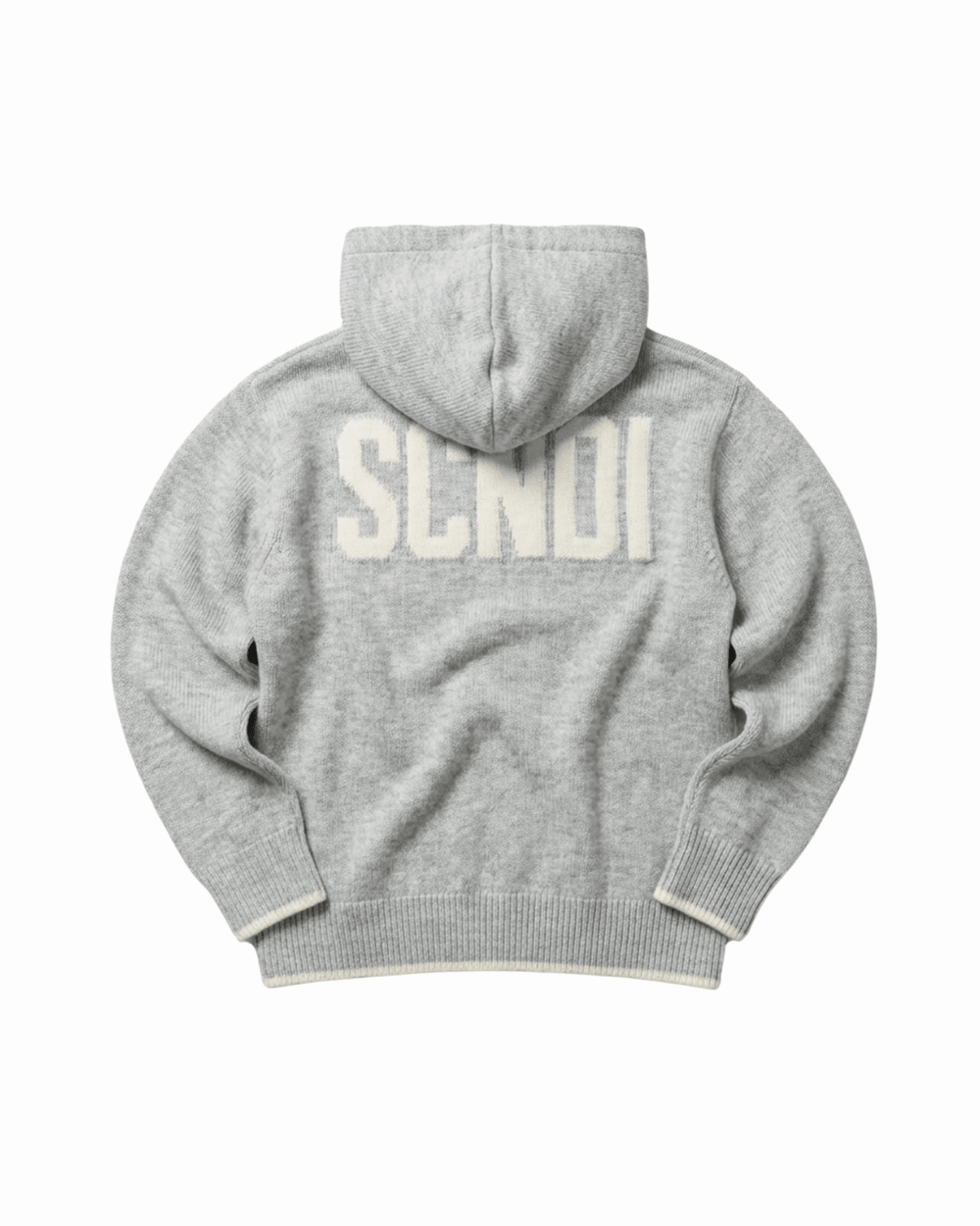 Grey Merino Wool knitted hoodie, contrasting off-white logo and hems, exclusive, unique