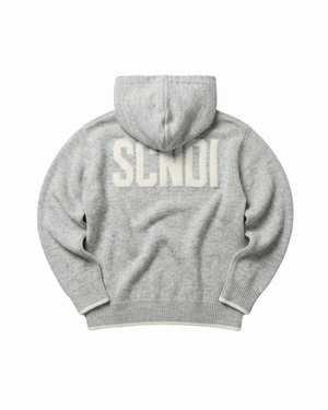 Grey Merino Wool knitted hoodie, contrasting off-white logo and hems, exclusive, unique