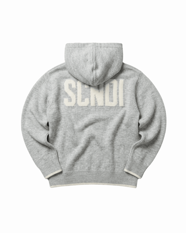Grey Merino Wool knitted hoodie, contrasting off-white logo and hems, exclusive, unique